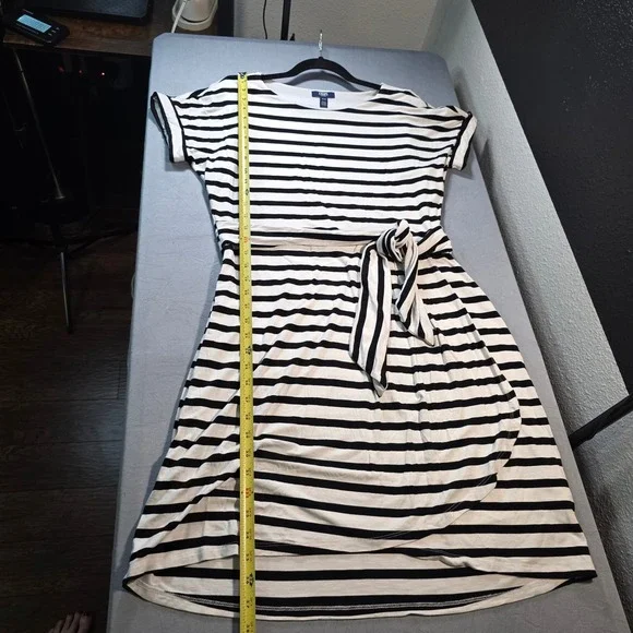 Chaps Womens Black White Striped Tie Waist Short Sleeve Knee Length Dress Medium - Picture 4 of 11